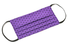 Load image into Gallery viewer, Handmade Halloween cloth face masks with witches and pumpkins black polka-dots on purple fabric