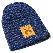Load image into Gallery viewer, handmade kitted newborn baby hat blue heather with patch