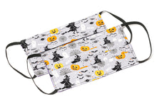 Load image into Gallery viewer, Handmade Halloween cloth face masks with witches and pumpkins on gray fabric
