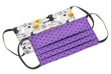Load image into Gallery viewer, Handmade Halloween cloth face masks with witches and pumpkins on gray purple fabric
