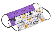 Load image into Gallery viewer, Handmade Halloween cloth face masks with witches and pumpkins on gray purple fabric
