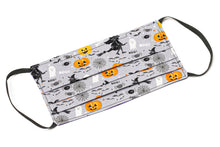 Load image into Gallery viewer, Handmade Halloween cloth face masks with witches and pumpkins on gray fabric
