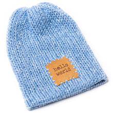 Load image into Gallery viewer, handmade kitted newborn baby hat light blue heather with patch
