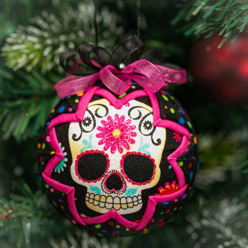 Handmade quilted fabric day of the dead ornament
